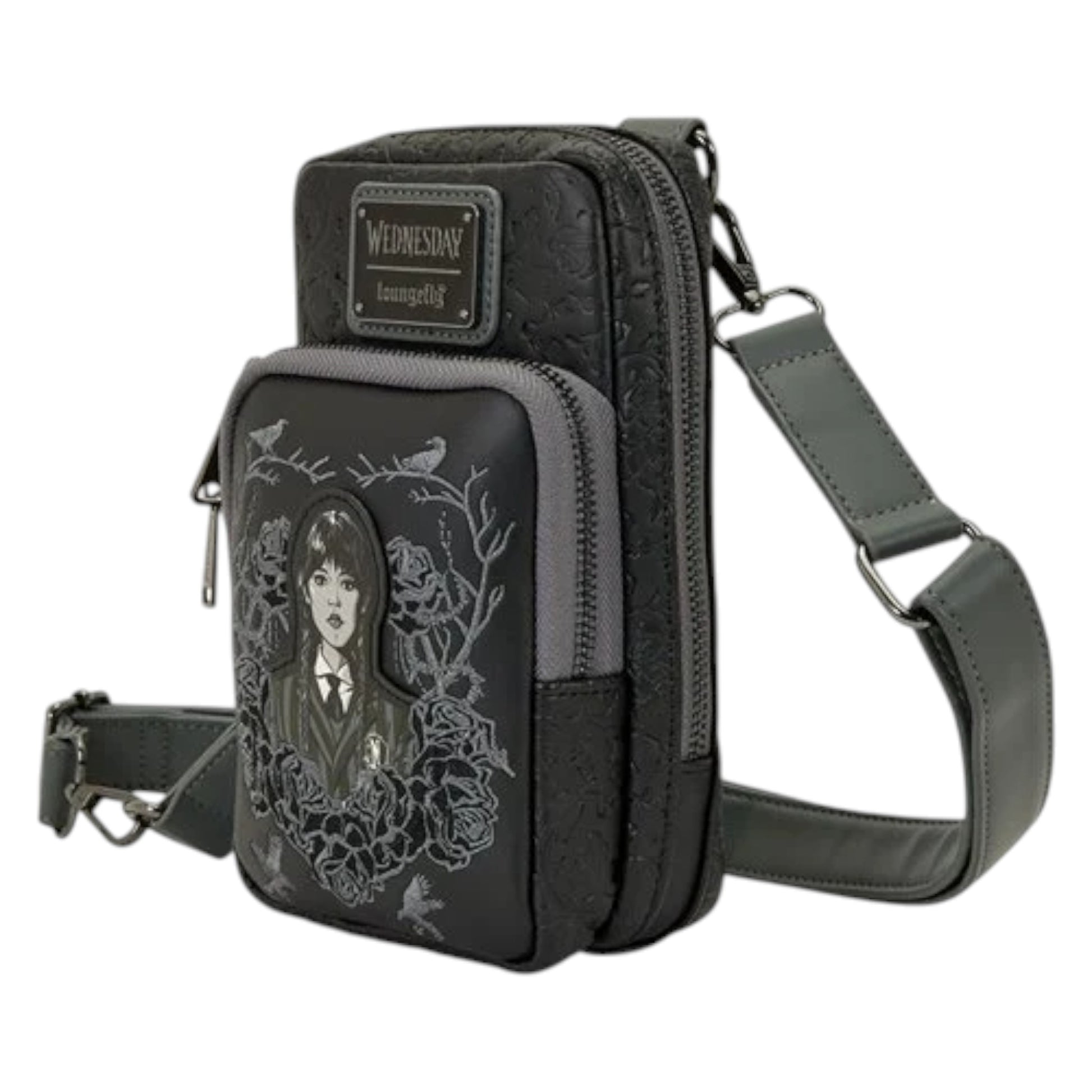 Black crossbody bag with a Wednesday design and birds on a white background