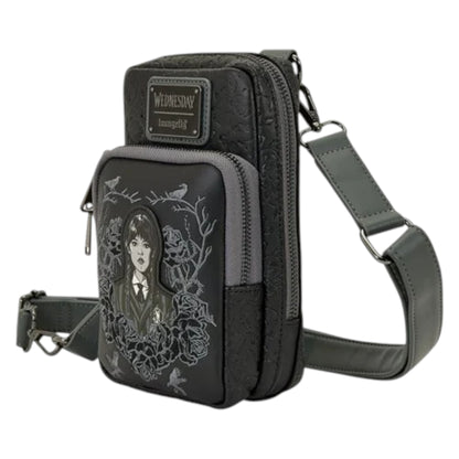 Black crossbody bag with a Wednesday design and birds on a white background