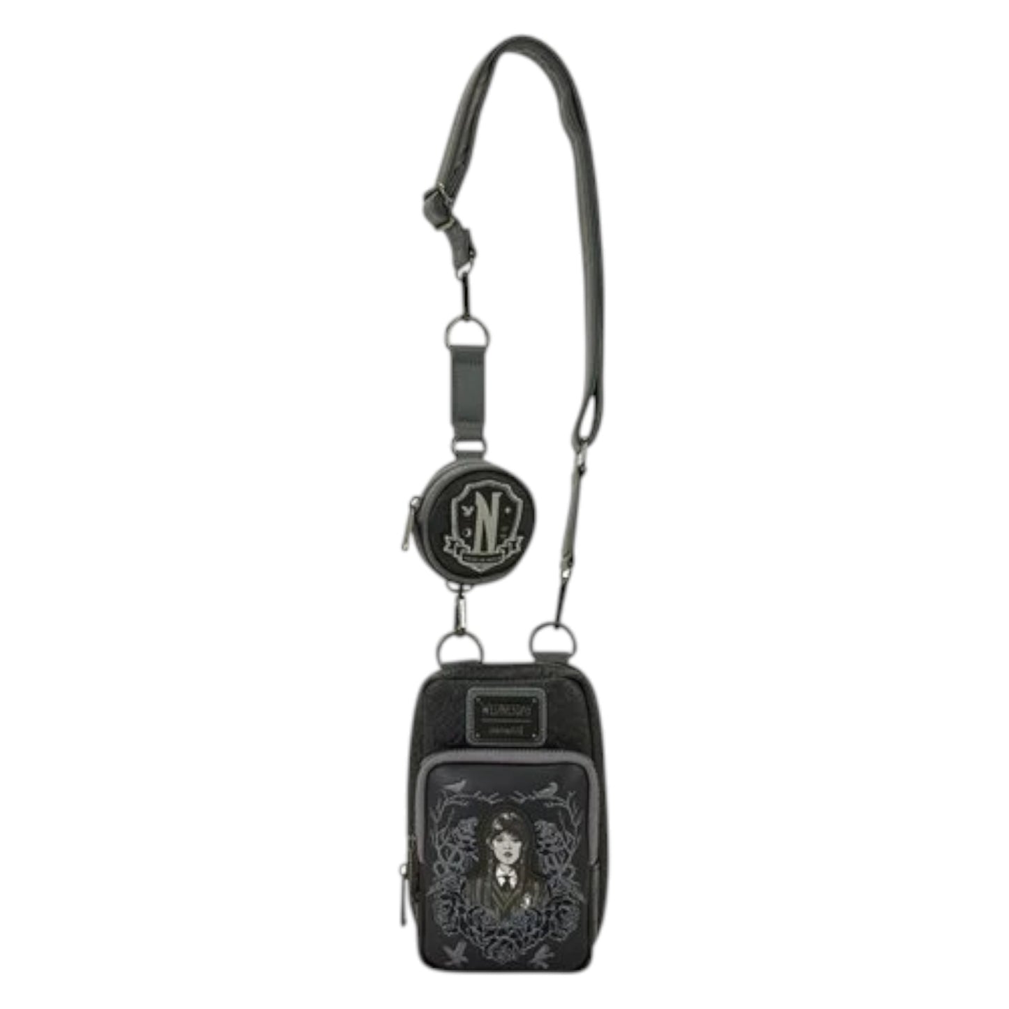 Black crossbody bag with Wednesday character design and 'Wednesday' Loungefly label on a white background