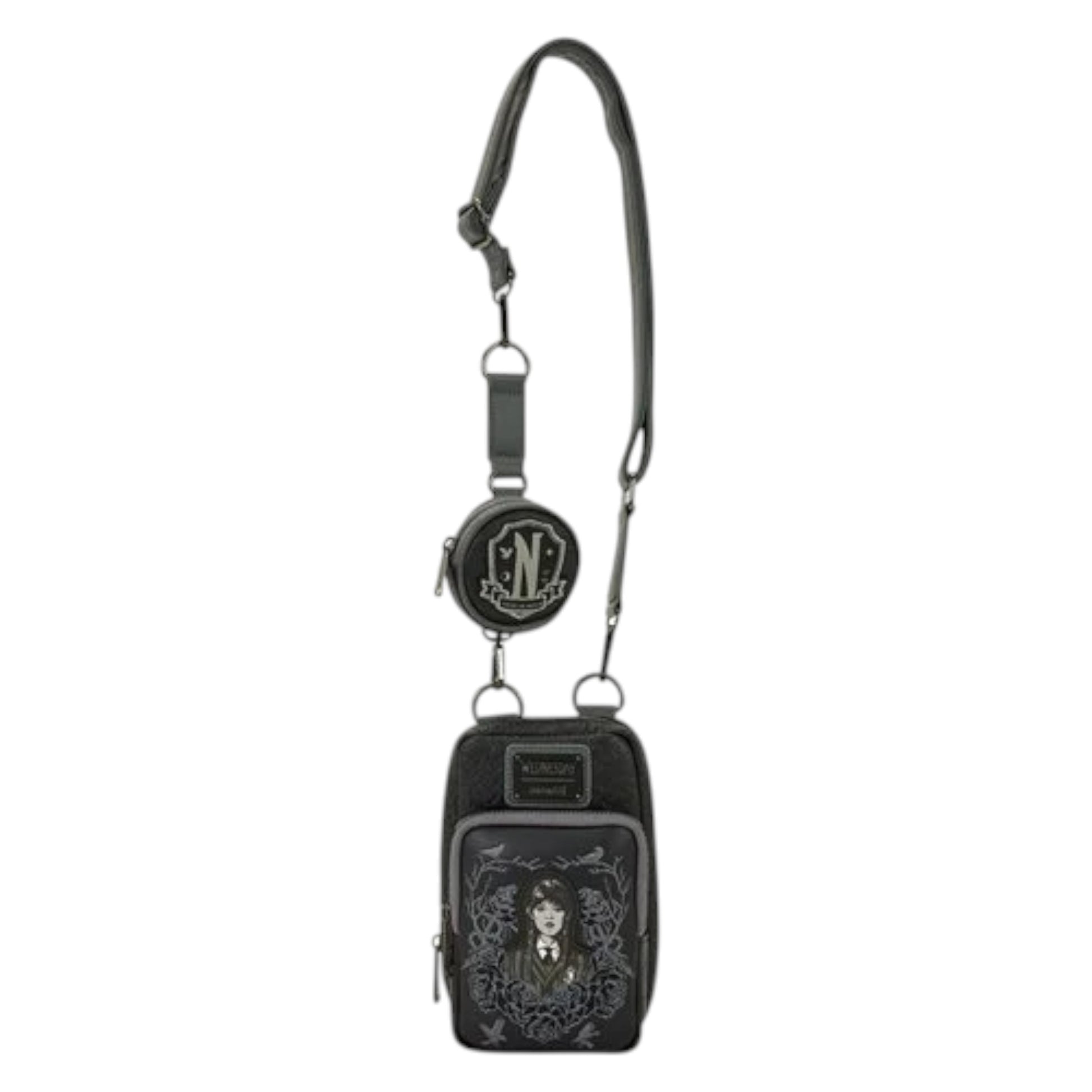 Black crossbody bag with Wednesday character design and 'Wednesday' Loungefly label on a white background