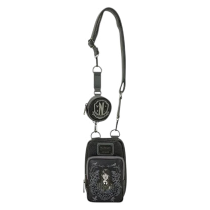 Black crossbody bag with Wednesday character design and 'Wednesday' Loungefly label on a white background