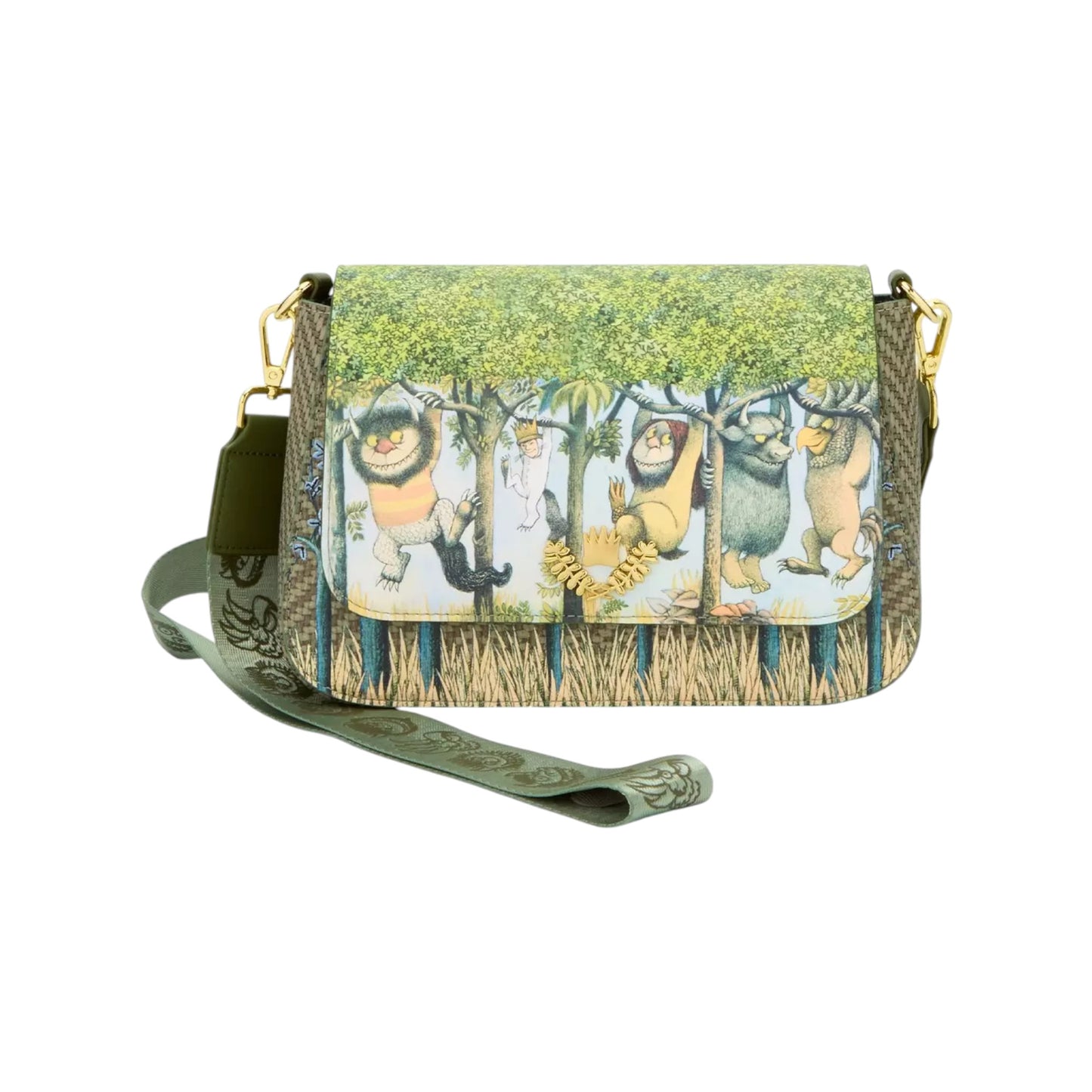 Crossbody bag with Where the Wild Things Are character design on a white background