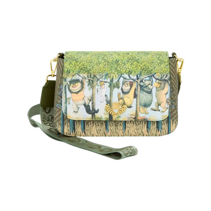 Crossbody bag with Where the Wild Things Are character design on a white background