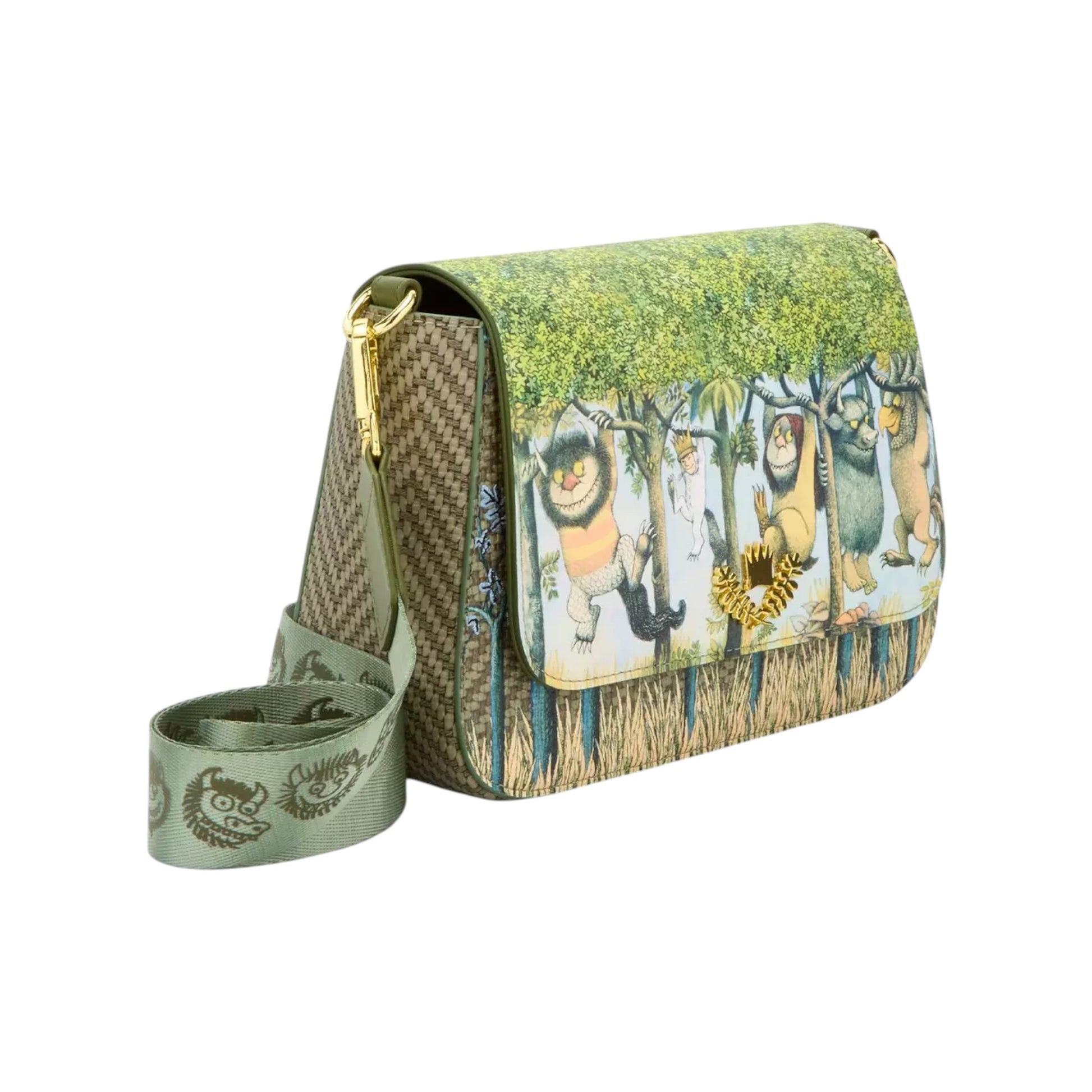 Green handbag with Where the Wild Things Are design and matching strap on a white background