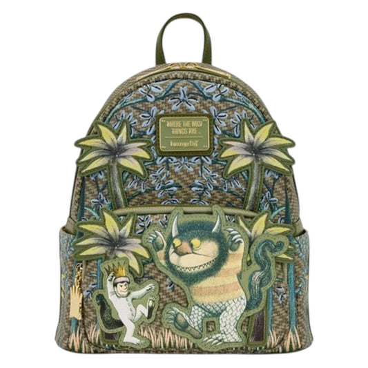Backpack with Where the Wild Things Are characters and palm trees on a white background