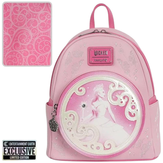 Pink Wicked Glinda backpack with decorative design and card on a white background
