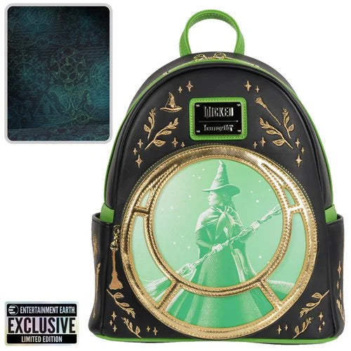 Wicked Elphaba Backpack with green and black design featuring Elphaba holding a broom and 'Entertainment Earth' label.