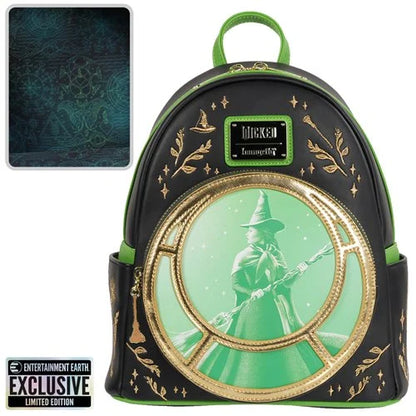 Wicked Elphaba Backpack with green and black design featuring Elphaba holding a broom and 'Entertainment Earth' label.