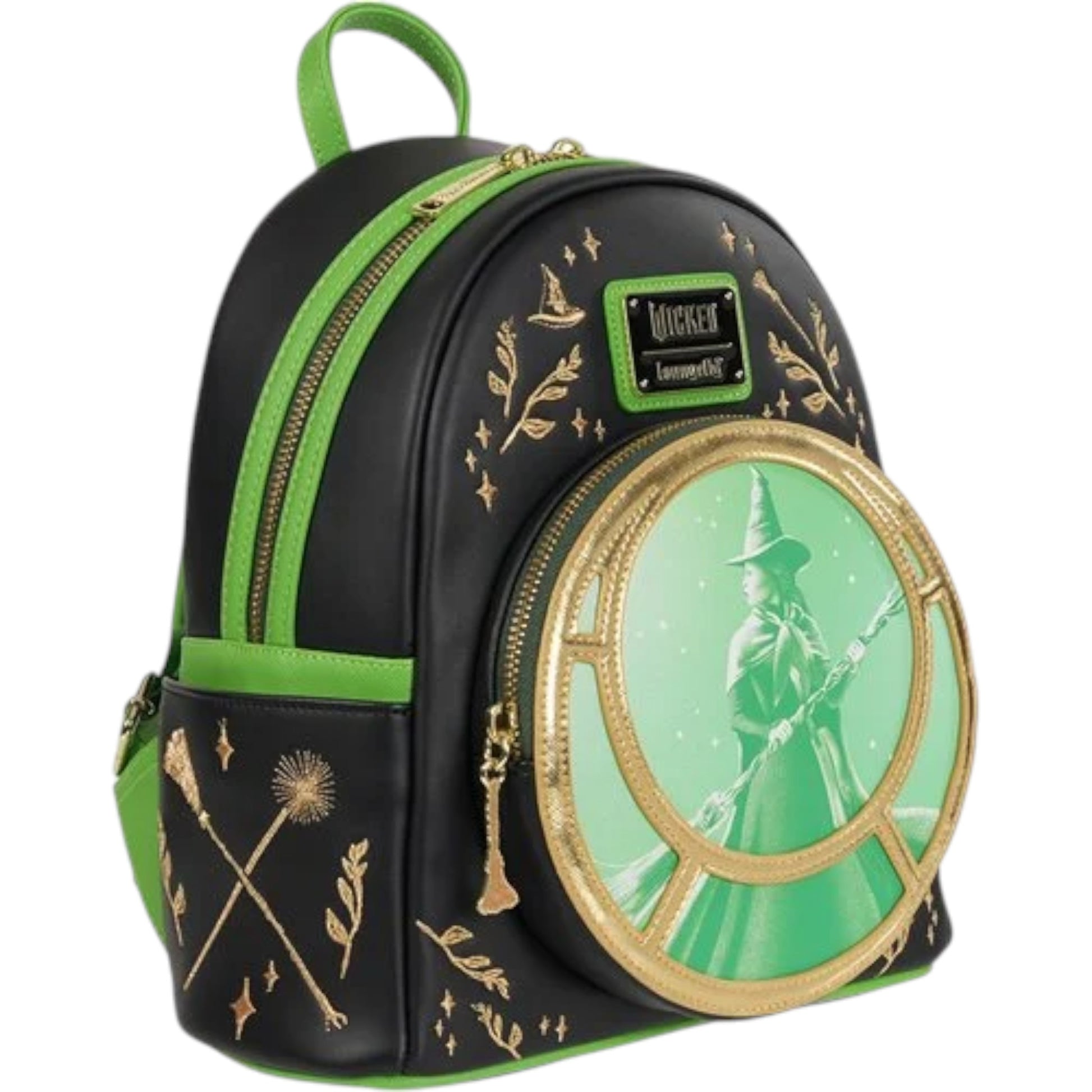 Black Wicked Elphaba Backpack with green and black design featuring Elphaba holding a broom with green accents on a white background