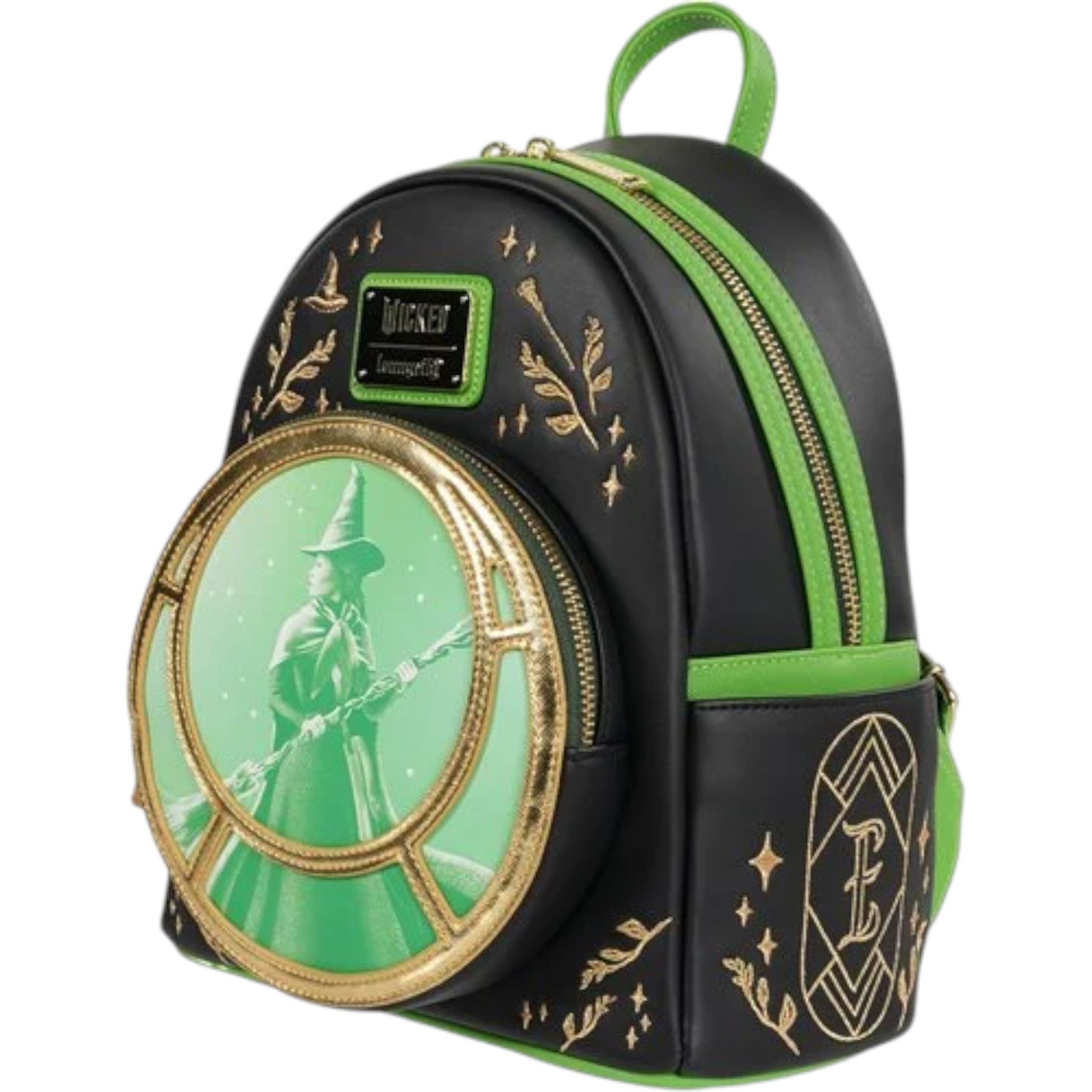 Wicked Elphaba Backpack with green and black design featuring Elphaba holding a broom backpack with circular design on a white background