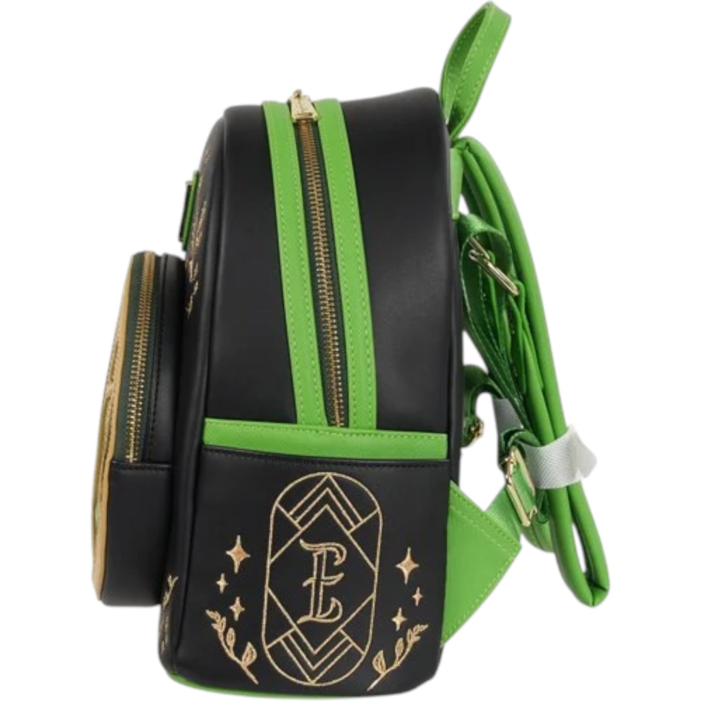 Black Wicked Elphaba Backpack with green and black design with green straps and gold accents on a white background