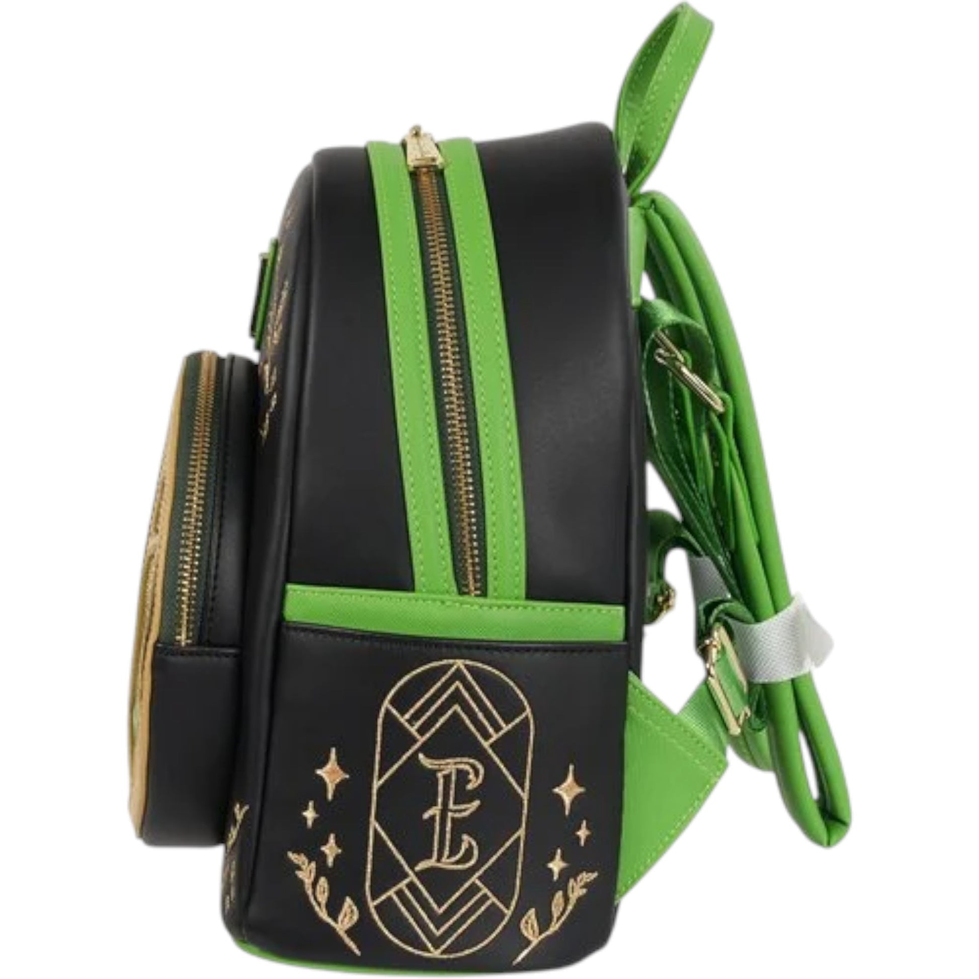 Black Wicked Elphaba Backpack with green and black design with green straps and gold accents on a white background