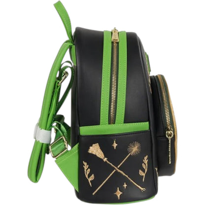 Black Wicked Elphaba Backpack with green and black design featuring  with green accents and gold designs on a white background