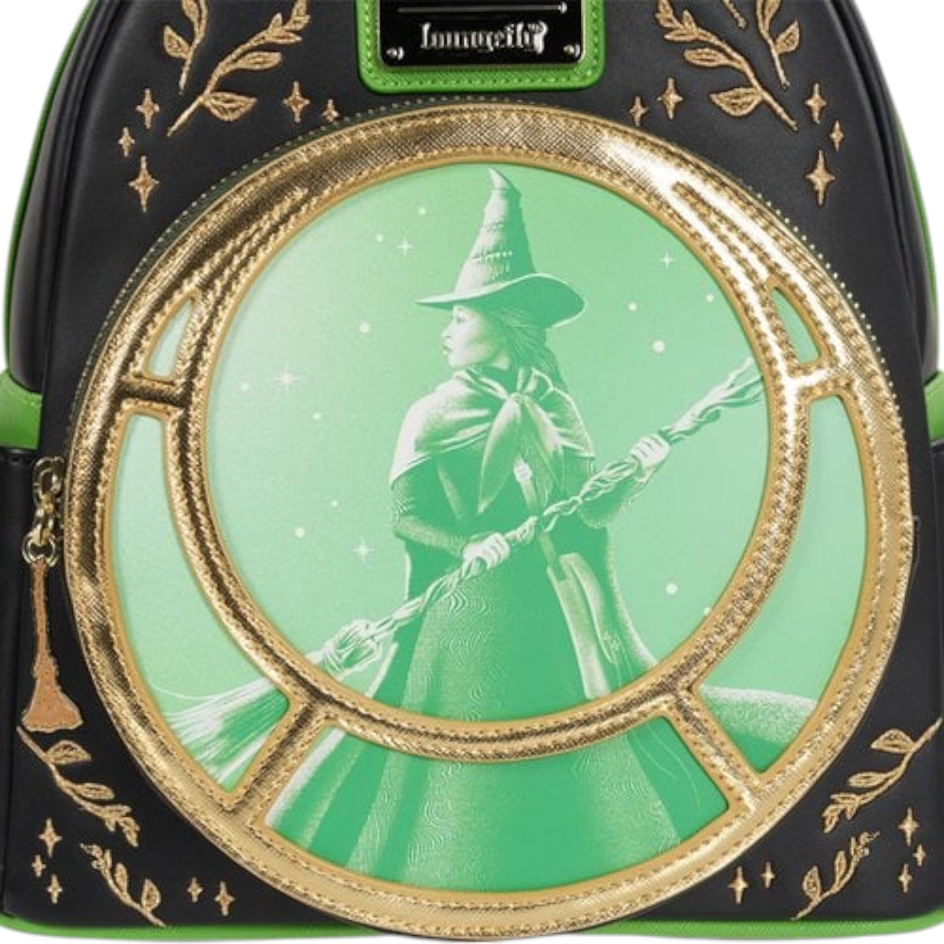 Wicked Elphaba Backpack with green and black design featuring Elphaba holding a broom Backpack with a circular design, surrounded by gold accents and green background.
