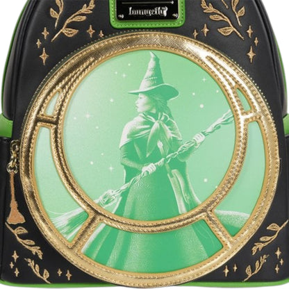 Wicked Elphaba Backpack with green and black design featuring Elphaba holding a broom Backpack with a circular design, surrounded by gold accents and green background.