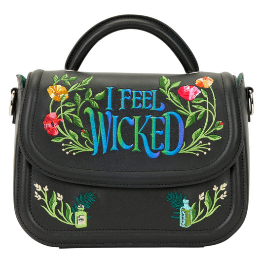 Black Wicked For Good Floral handbag with colorful 'I Feel Wicked' embroidery on a white background