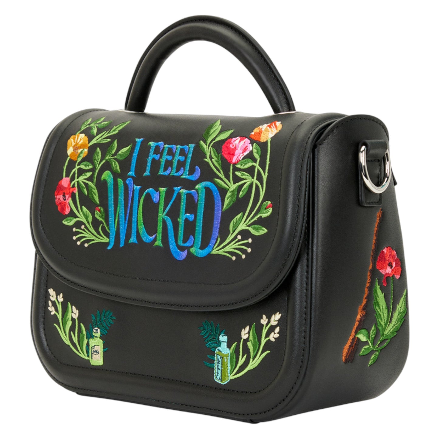 Black Wicked For Good Floral handbag with colorful 'I Feel Wicked' embroidery on a white background