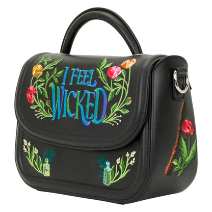 Black Wicked For Good Floral handbag with colorful 'I Feel Wicked' embroidery on a white background