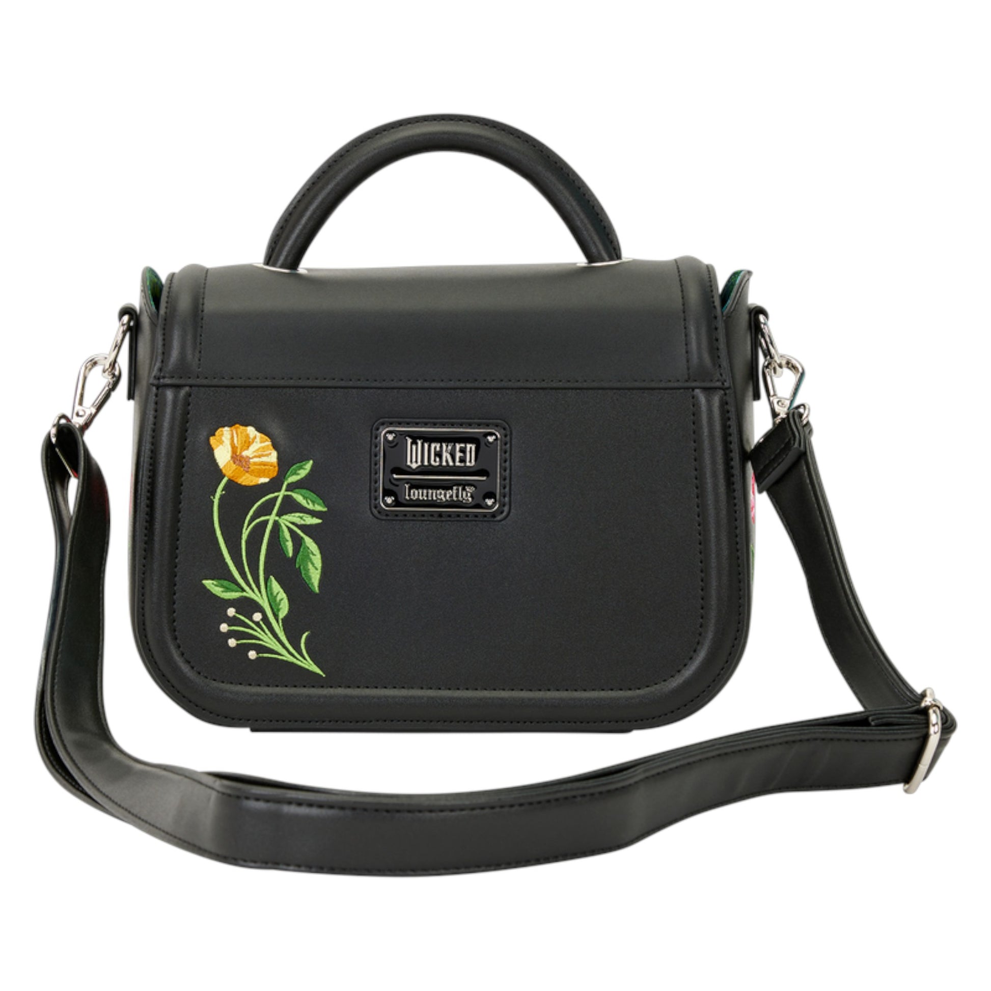 Black Wicked For Good Floral handbag with floral embroidery and 'Wicked' Loungefly logo on a white background