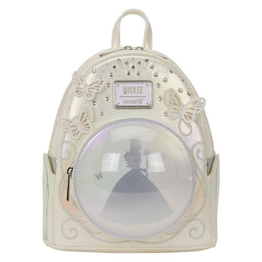 Backpack with Glinda Bubble, butterflies, and decorative elements and a visible Loungefly brand logo on a white background