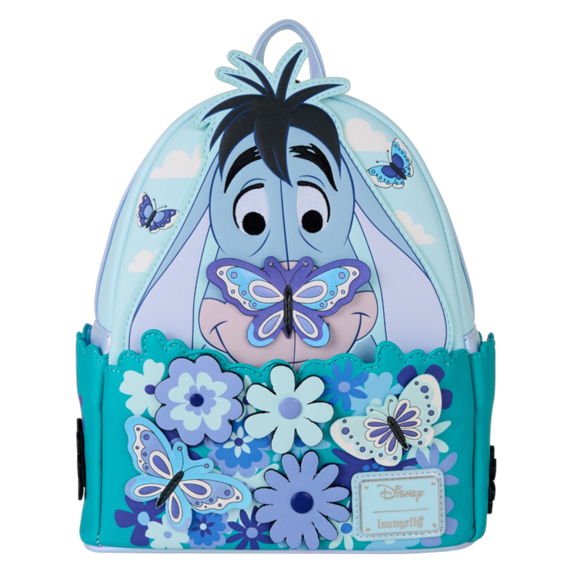 Backpack with Floral Eeyore design featuring butterflies and flowers on a white background