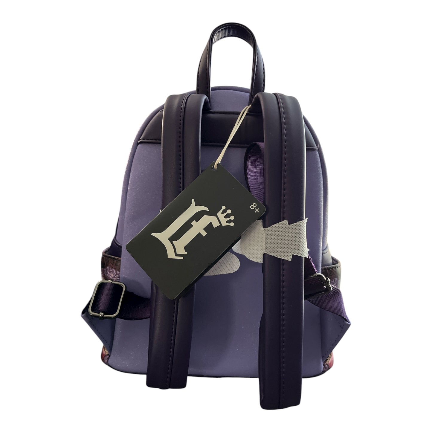 Purple backpack with a Loungefly brand tag on a white background