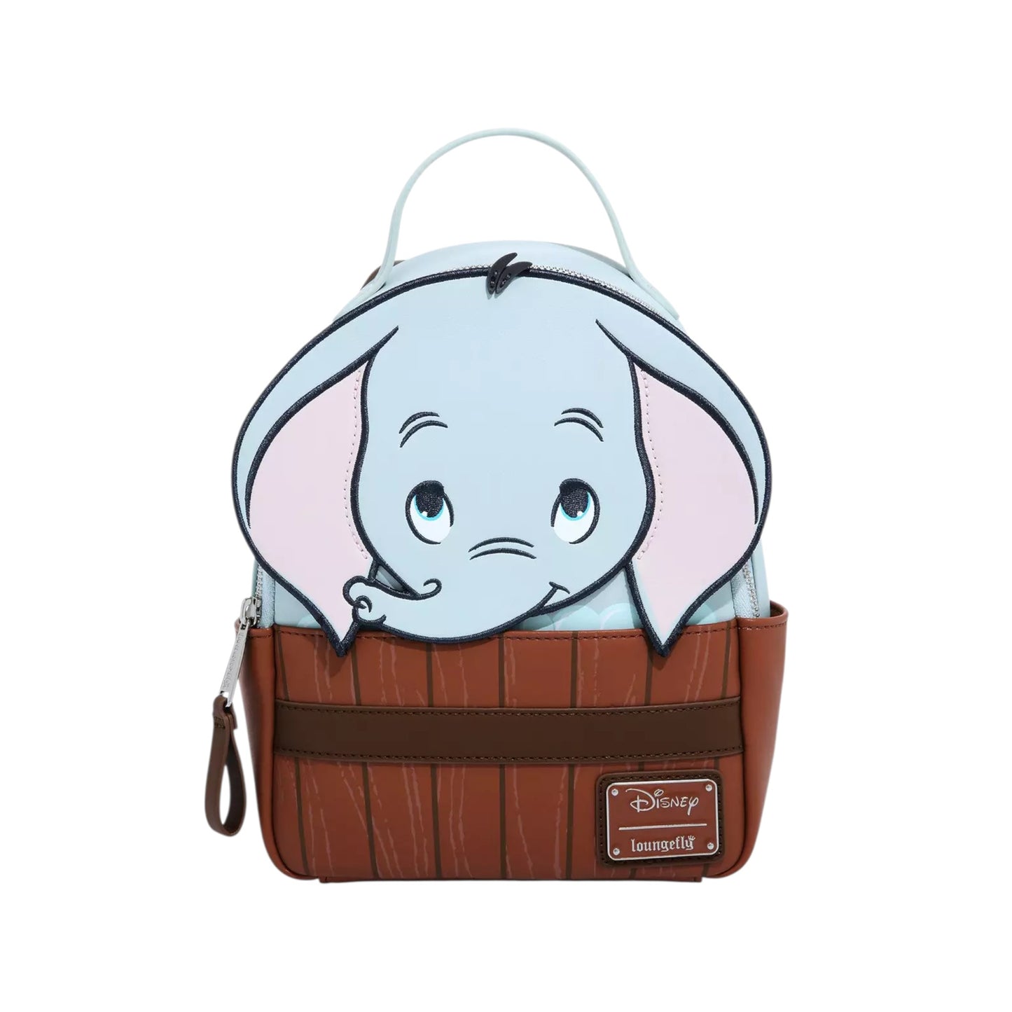 Loungefly Disney Dumbo Bath Figural Mini Backpack with Dumbo character face peeking out of a wooden bathtub a white background