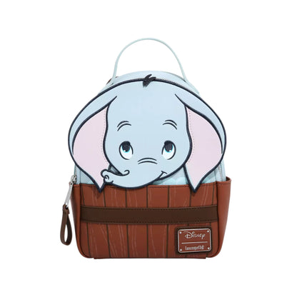 Loungefly Disney Dumbo Bath Figural Mini Backpack with Dumbo character face peeking out of a wooden bathtub a white background