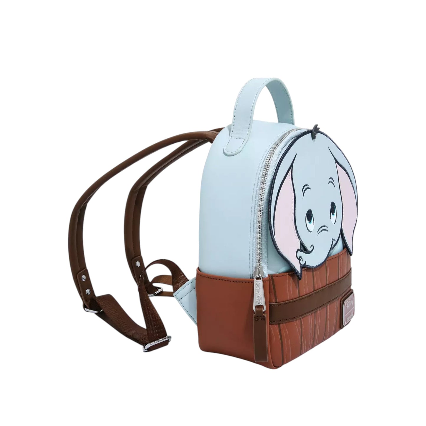 Loungefly Disney Dumbo Bath Figural Mini Backpack with Dumbo character face peeking out of a wooden bathtub a white background