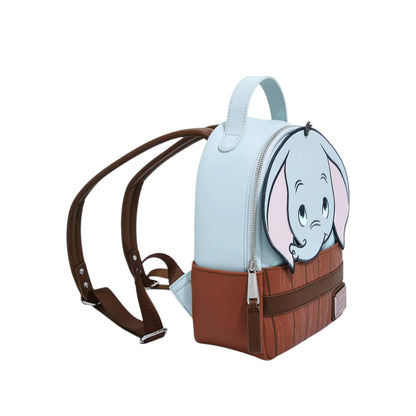 Loungefly Disney Dumbo Bath Figural Mini Backpack with Dumbo character face peeking out of a wooden bathtub a white background