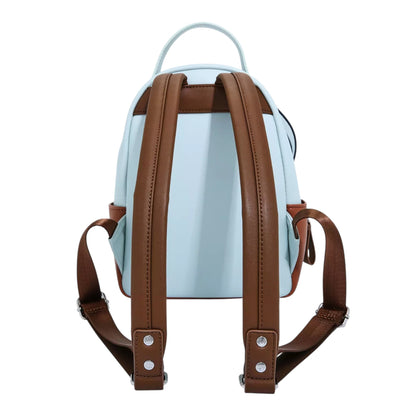 Back of Loungefly Disney Dumbo Bath Figural Mini Backpack with brown straps a white background