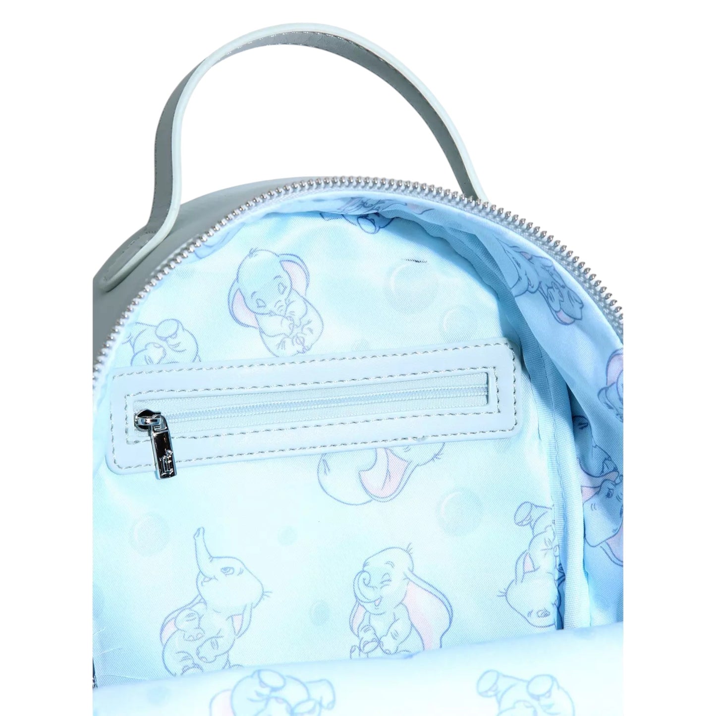 Inside of Loungefly Disney Dumbo Bath Figural Mini Backpack with Dumbo character a white background