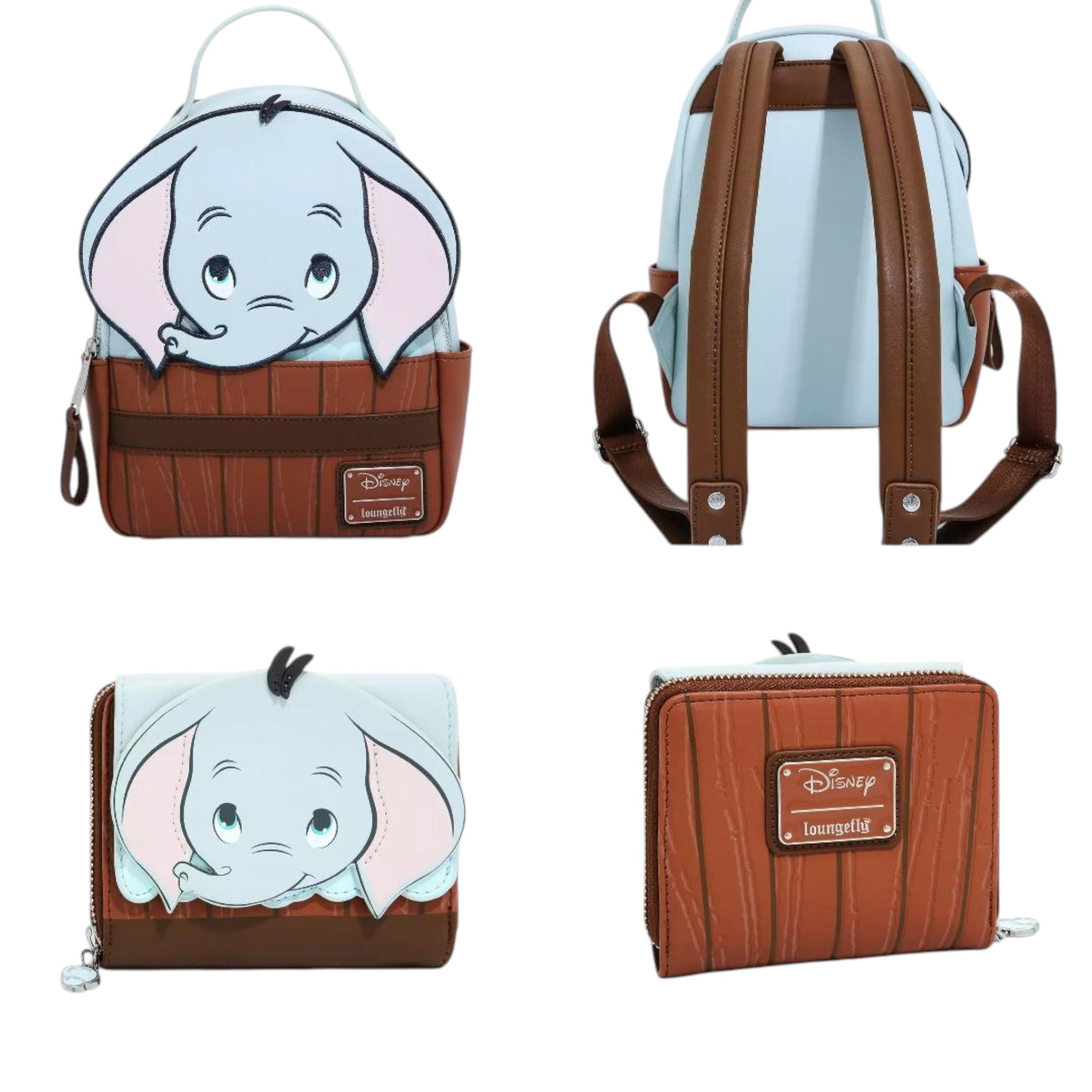 Loungefly Disney Dumbo Bath Figural Mini Backpack & Wallet Set with Dumbo character face peeking out of a wooden bathtub a white background