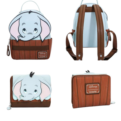 Loungefly Disney Dumbo Bath Figural Mini Backpack & Wallet Set with Dumbo character face peeking out of a wooden bathtub a white background