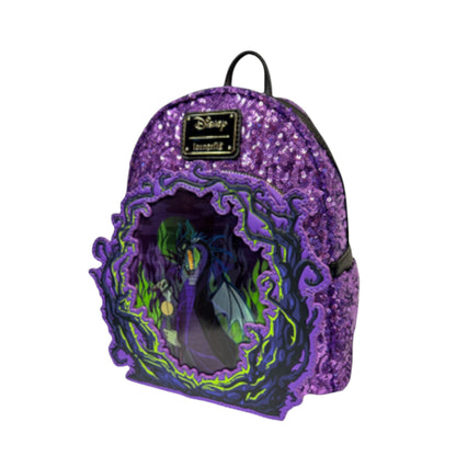 Purple Sequin Maleficent Lenticular backpack with decorative design and Disney logo on a white background