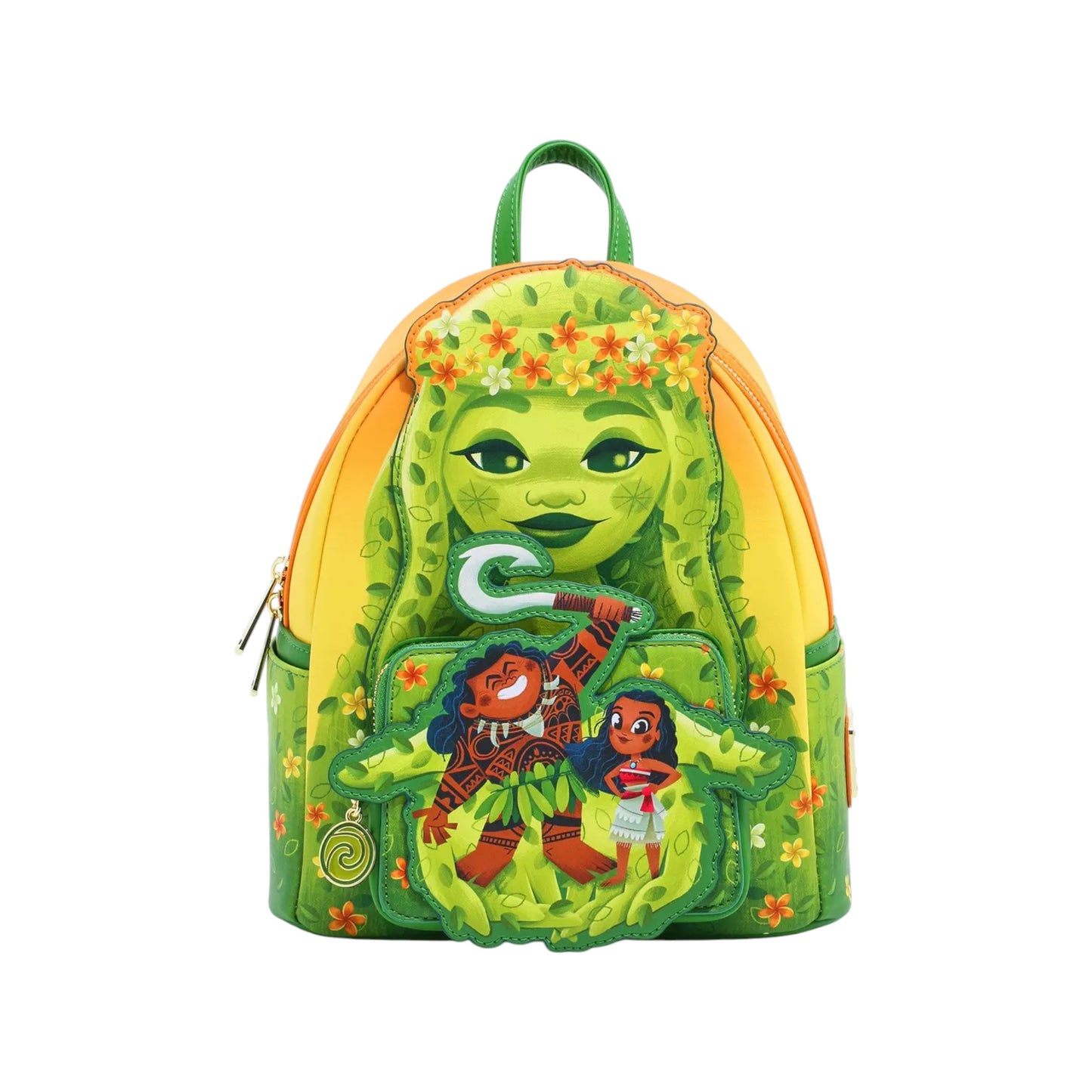 Loungefly Disney Moana Te Fiti Mini Backpack with Moana, Maui, a holding up his sword, and Te Fiti character designs on a white background