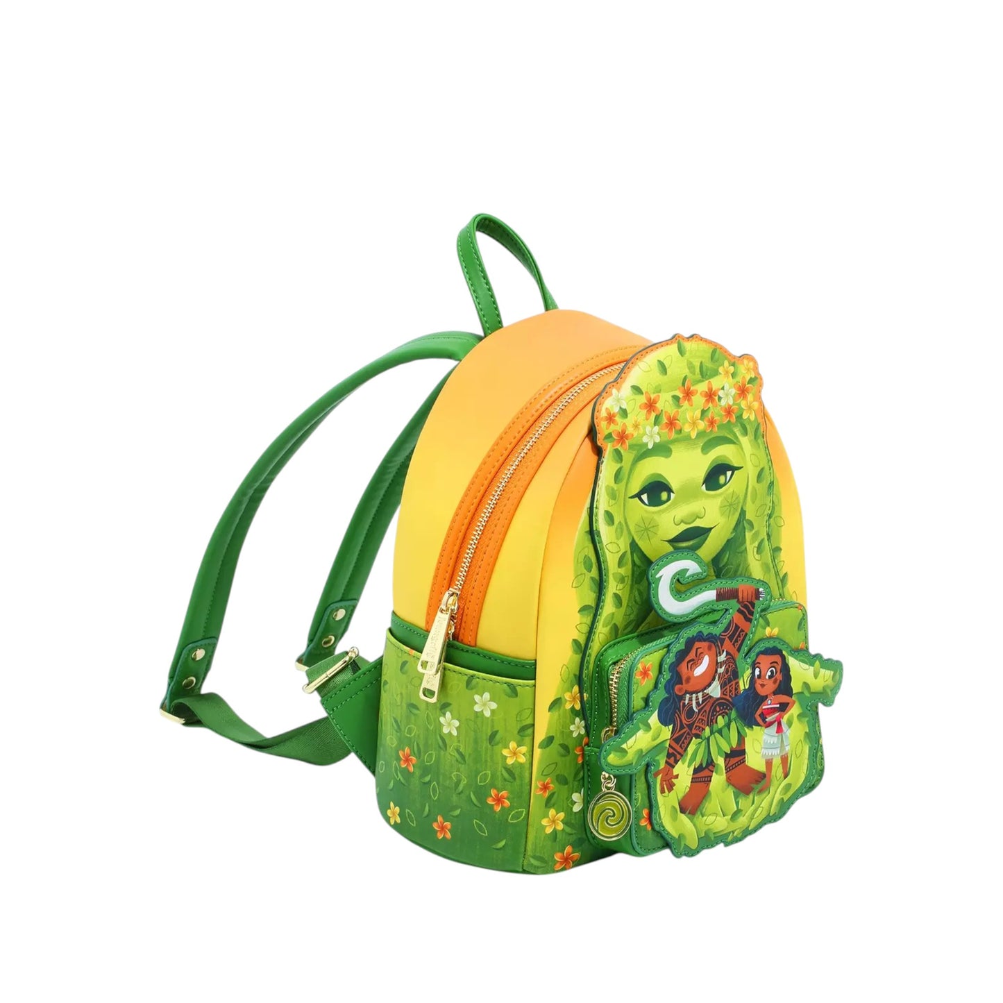 Loungefly Disney Moana Te Fiti Mini Backpack with Moana, Maui, a holding up his sword, and Te Fiti character designs on a white background