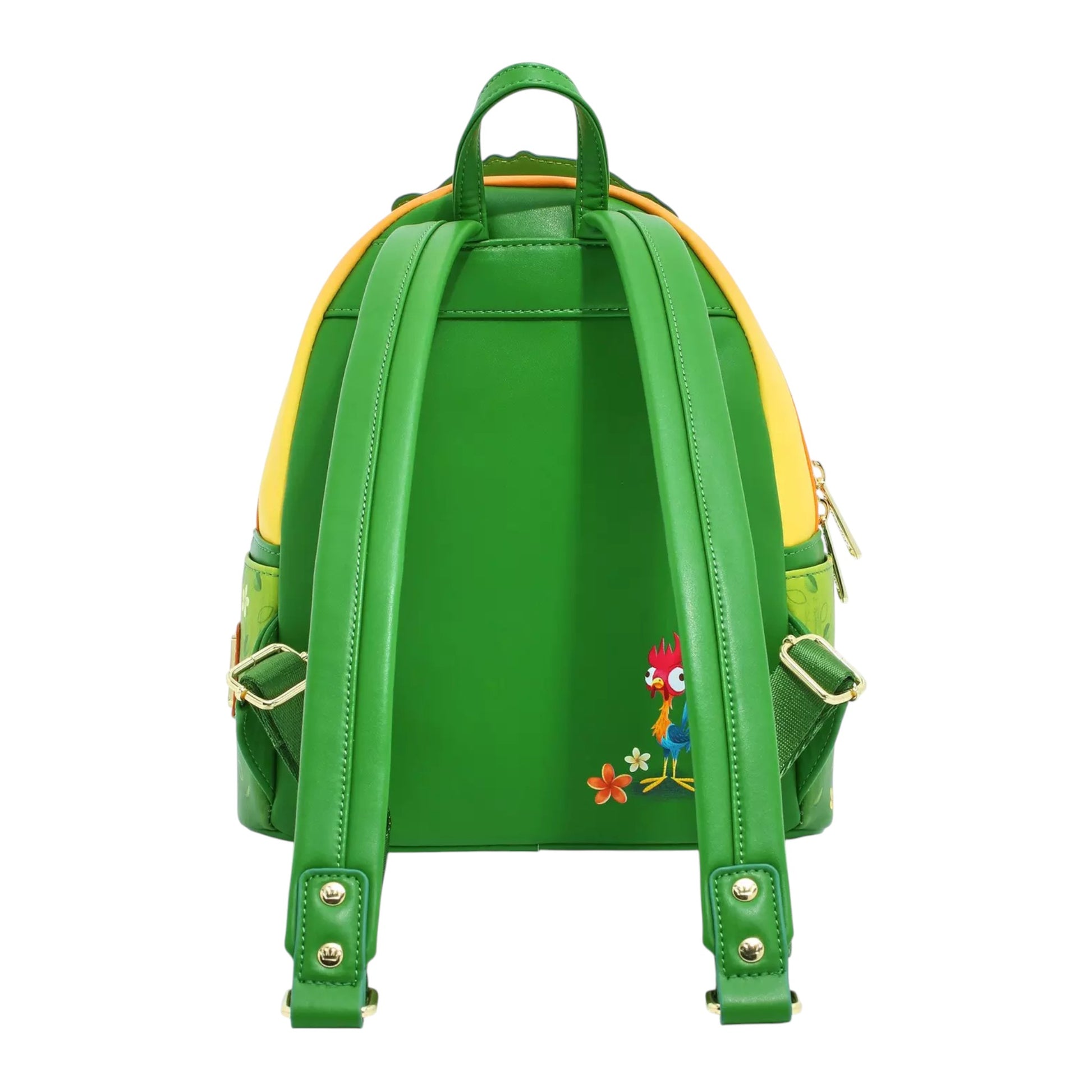 Back of Loungefly Disney Moana Te Fiti Mini Backpack with green straps and Hei Hei  character standing next to flowers on a white background