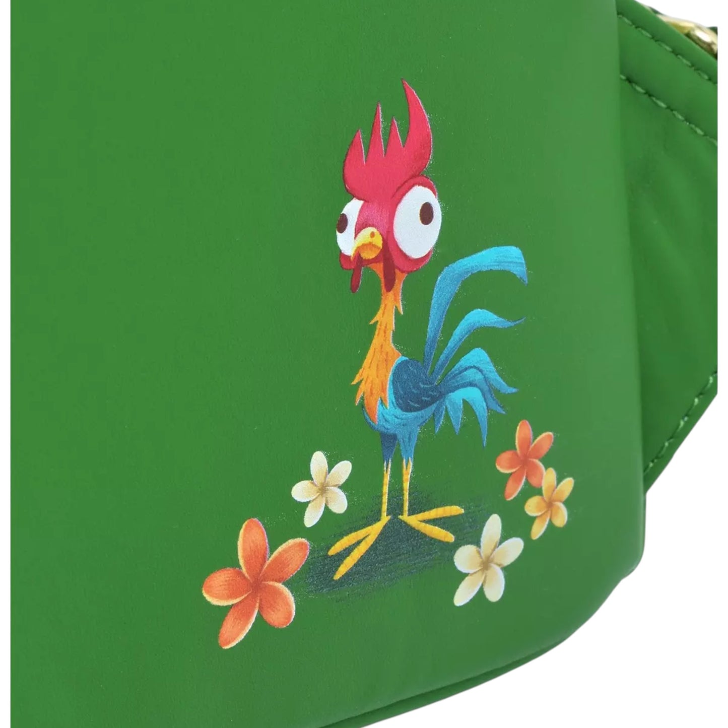Close-up of back of Loungefly Disney Moana Te Fiti Mini Backpack with Hei Hei character design standing next to flowers on a green background