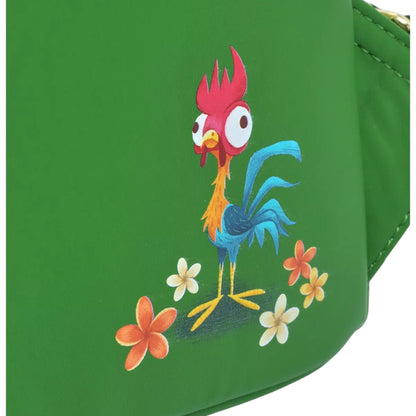 Close-up of back of Loungefly Disney Moana Te Fiti Mini Backpack with Hei Hei character design standing next to flowers on a green background