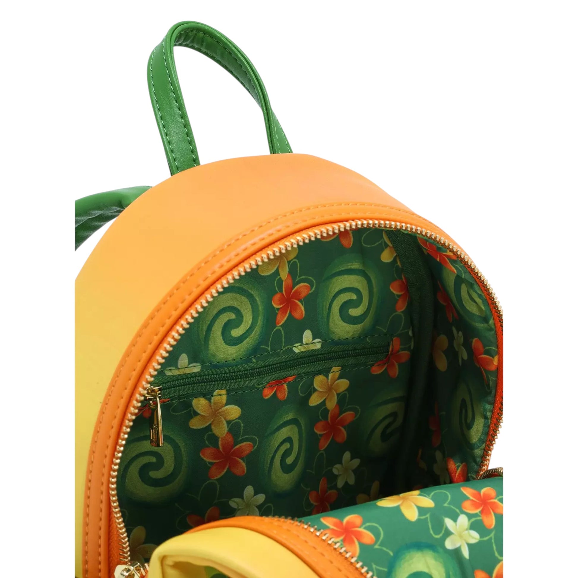 Inside of Loungefly Disney Moana Te Fiti Mini Backpack with floral and swirl pattern on a white background