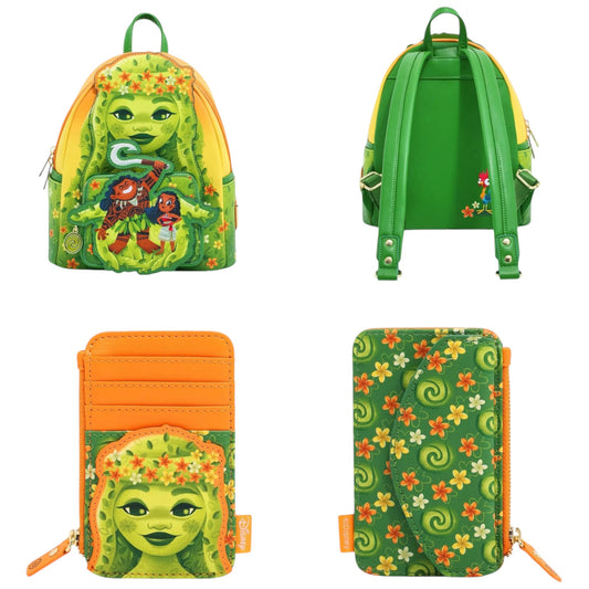 Front and back of Loungefly Vault Disney Moana Te Fiti Mini Backpack and Cardholder Set with floral design on a white background