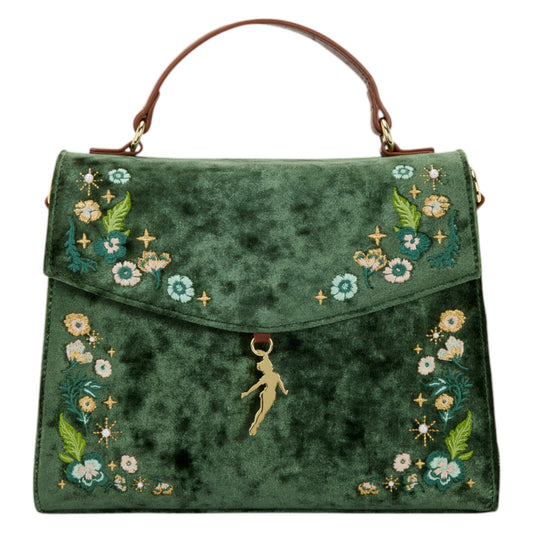 Green embroidered Loungefly Disney Peter Pan Quilted Texture Crossbody Bag with floral designs and a small Peter Pan character on a white background