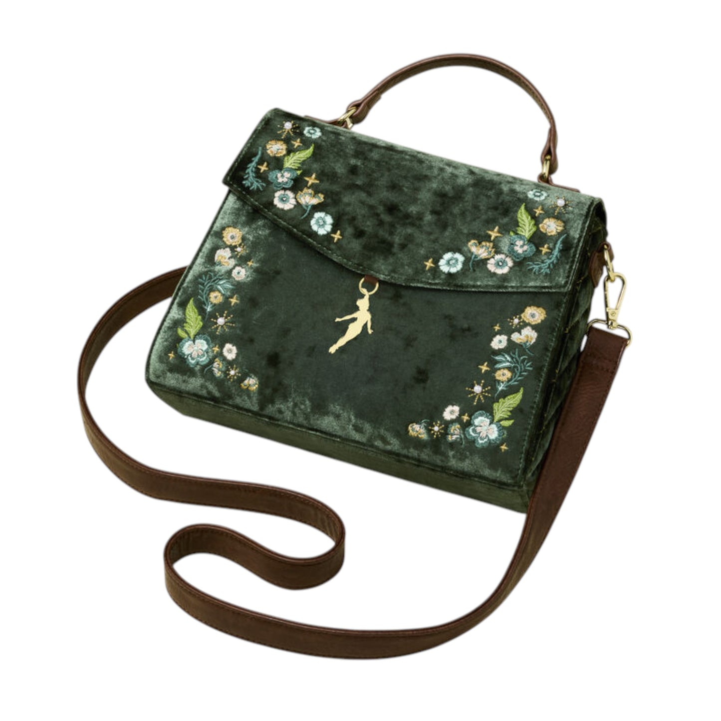 Green embroidered Loungefly Disney Peter Pan Quilted Texture Crossbody Bag with floral designs and a small Peter Pan character on a white background