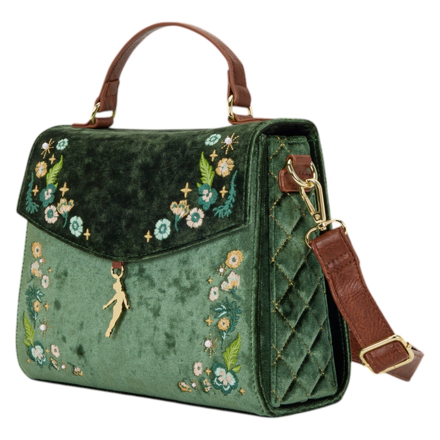 Green embroidered Loungefly Disney Peter Pan Quilted Texture Crossbody Bag with floral designs and a small Peter Pan character on a white background
