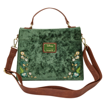 Back of green textured Green embroidered Loungefly Disney Peter Pan Quilted Texture Crossbody Bag with floral embroidery and brown strap on a white background