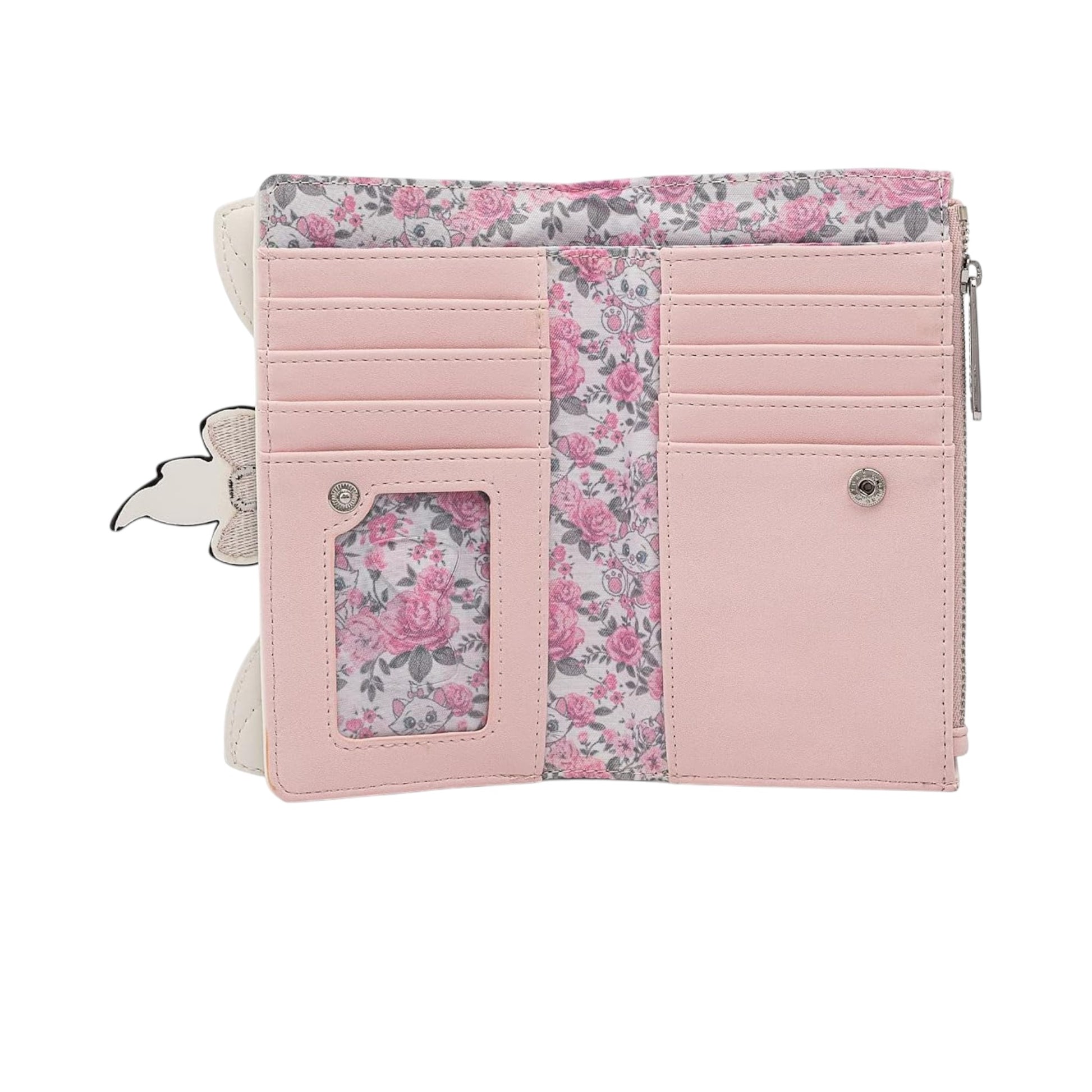 Inside of Loungefly Disney Aristocats Marie Floral Footsy Wallet with Marie character face and floral patterns on a white background
