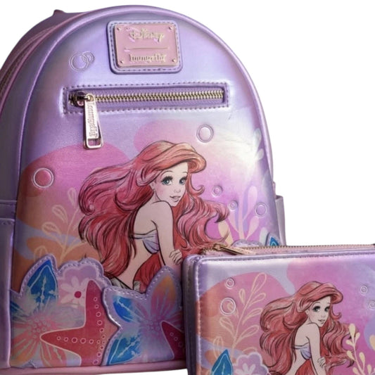 Loungefly Disney The Little Mermaid Ariel Soft Floral Mini Backpack and Wallet Set with Ariel sitting around starfish and plants on a white background