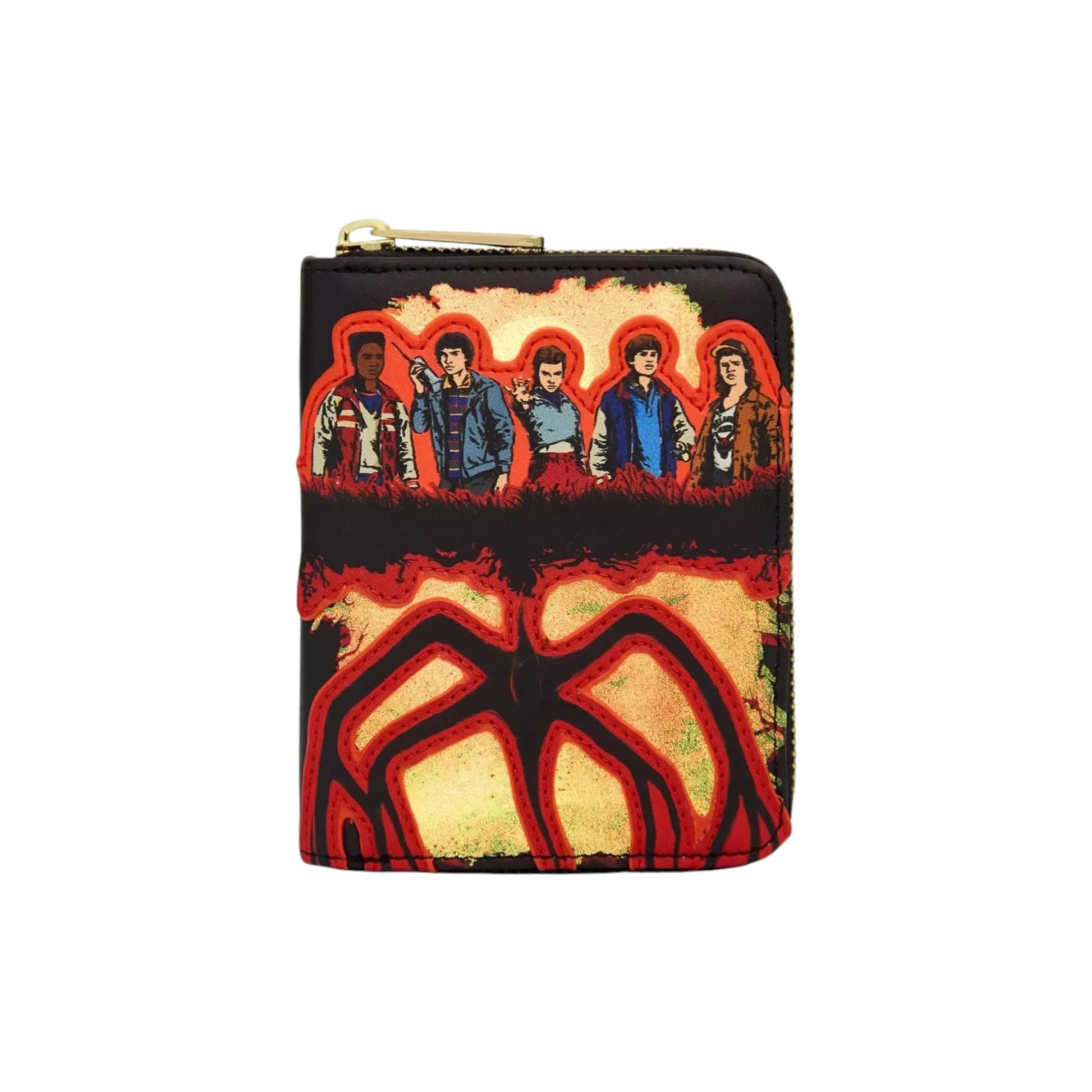 Loungefly Stranger Things Group Portrait Light Up Wallet with graphic design of five TV Show characters and a mindflayer emblem and glowing elements on a white background