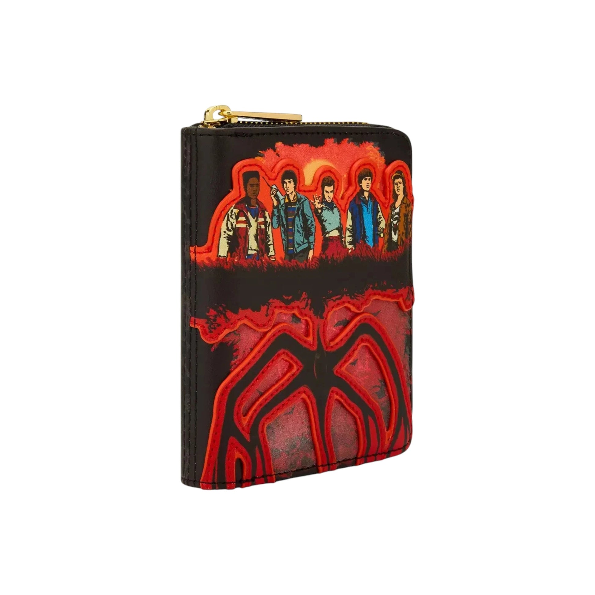 Loungefly Stranger Things Group Portrait Light Up Walletwith graphic design of five TV Show characters and a mindflayer emblem on a white background